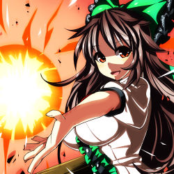 Rule 34 | 1girl, :d, arm cannon, bow, breasts, brown hair, female focus, hair bow, huge breasts, impossible clothes, large breasts, long hair, looking at viewer, open mouth, red eyes, reiuji utsuho, smile, solo, touhou, umigarasu (kitsune1963), very long hair, weapon
