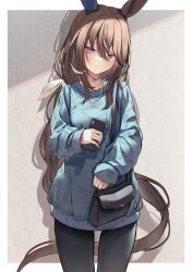 Rule 34 | 1girl, absurdres, admire vega (umamusume), animal ears, bag, black bag, black pantyhose, blue sweater, blush, border, brown hair, closed mouth, dated commentary, ear covers, expressionless, hair ribbon, handbag, highres, holding, holding phone, horse ears, horse girl, horse tail, jewelry, long hair, long sleeves, looking at viewer, necklace, outside border, pantyhose, phone, purple eyes, ribbon, sajin (user pvrm4582), single ear cover, sleeves past wrists, solo, sweater, tail, umamusume, very long hair, white border, white ribbon