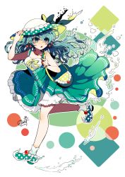 Rule 34 | 1girl, aqua hair, bag, bare arms, bow, breasts, cleavage, commentary request, cream, dress, earrings, elina (e2n04n), eyes visible through hair, green dress, green eyes, green footwear, hair between eyes, hand on headwear, handbag, hat, hat bow, highres, jewelry, long hair, looking to the side, necklace, open mouth, original, personification, polka dot, polka dot bow, polka dot footwear, polka dot headwear, running, signature, socks, solo, twitter username, yellow bow