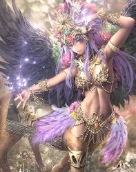 Rule 34 | 1girl, arm up, armlet, black wings, bracelet, breasts, brown sky, centauroid, dark skin, feather hair ornament, feathered wings, feathers, gem, gold trim, guardian cross, hair ornament, headpiece, hippogriff, jewelry, looking at viewer, magic, medium breasts, nail polish, necklace, outdoors, purple eyes, raypass, red nails, sparkle, standing, taur, thighlet, wings