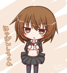 Rule 34 | 1girl, :o, black jacket, black pantyhose, black skirt, blush, bow, bowtie, brown eyes, brown hair, clothes lift, collared shirt, dated, hair between eyes, head tilt, jacket, kantai collection, komakoma (magicaltale), lifted by self, long sleeves, looking at viewer, navel, open clothes, open jacket, pantyhose, parted lips, pleated skirt, red bow, red bowtie, shirt, shirt lift, skirt, solo, stomach, translation request, twitter username, wakaba (kancolle), white shirt