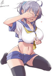 Rule 34 | 1girl, absurdres, ahoge, aoba (kancolle), black panties, black thighhighs, blue eyes, blue sailor collar, blue shorts, blush, breasts, cleavage, covering privates, covering face, covering own eyes, hair ornament, hair scrunchie, heart, highleg, highleg panties, highres, kantai collection, large breasts, looking at viewer, marusa (marrusa), midriff, navel, one-hour drawing challenge, open mouth, panties, ponytail, purple hair, sailor collar, school uniform, scrunchie, serafuku, short shorts, short sleeves, shorts, signature, simple background, sitting, smile, solo, thighhighs, twitter username, underwear, v, white background, yellow neckwear