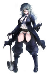 Rule 34 | 1girl, aqua eyes, black footwear, black gloves, black necktie, black panties, boots, borrowed character, breasts, chaps, cross, eyepatch, full body, gloves, harusame-r, highleg, highres, jewelry, large breasts, long hair, mouth hold, navel, necklace, necktie, original, panties, shion (kageshio), shovel, silver hair, simple background, solo, standing, underwear, white background, worktool