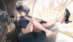 Rule 34 | 1girl, bare shoulders, black gloves, black hair, blue archive, breasts, china dress, chinese clothes, covered navel, double bun, dress, feet, gijang, gloves, grey eyes, hair bun, halo, high heels, highres, holding, holding smoking pipe, indoors, kisaki (blue archive), leaning back, looking at viewer, shoe dangle, shoes, single shoe, sitting, sleeveless, sleeveless dress, small breasts, smoke, smoking pipe, solo, taut clothes, taut dress, thighs, toes, twintails, wallpaper