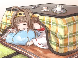 Rule 34 | 10s, 1girl, ahoge, brown hair, cup, detached sleeves, drooling, closed eyes, gotaishu, hairband, japanese clothes, kantai collection, kongou (kancolle), kotatsu, long hair, nontraditional miko, open mouth, personification, pillow, plaid, raikou (gotaishu), ribbon-trimmed sleeves, ribbon trim, saliva, sleeping, solo, table, teacup, under kotatsu, under table, wide sleeves