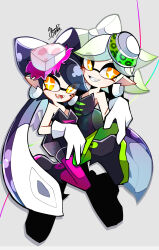 +_+ 2girls absurdres black_hair breasts callie_(splatoon) dress earrings fangs food food_on_head gloves grey_hair highres inkling jewelry long_hair marie_(splatoon) mole mole_under_eye multiple_girls nintendo object_on_head open_mouth pantyhose pointy_ears short_hair smile splatoon_(series) splatoon_1 tentacle_hair yellow_eyes yuyu_maybe