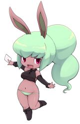 Rule 34 | 1girl, animal ears, blush, breasts, bunny mint, detached sleeves, green hair, high ponytail, long hair, navel, no pants, nollety, open mouth, panties, pink eyes, rabbit ears, rabbit girl, simple background, solo, striped clothes, striped panties, underwear, white background, youkai (youkai watch), youkai watch