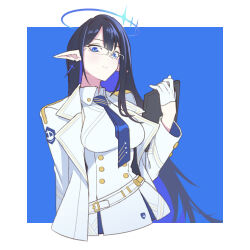 Rule 34 | 1girl, black hair, blue archive, blue eyes, blue necktie, breasts, clipboard, closed mouth, coat, collared shirt, colored inner hair, cropped torso, earrings, glasses, gloves, half gloves, halo, holding, holding clipboard, impossible clothes, jacket, jewelry, long hair, long sleeves, looking at viewer, medium breasts, multicolored hair, necktie, pointy ears, rin (blue archive), shirt, sinnra art, solo, upper body, very long hair, white coat, white gloves, white jacket, white shirt