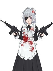 Rule 34 | 1girl, alternate costume, anger vein, angry, apron, assault rifle, black dress, black ribbon, blood, blood on clothes, blush, cevio, double bun, dress, dual wielding, enmaided, eyepatch, feet out of frame, glaring, grey hair, gun, hair bun, hat, holding, holding gun, holding weapon, juliet sleeves, koharu rikka, long dress, long sleeves, looking at viewer, maid, mob cap, neck ribbon, one eye covered, open mouth, puffy sleeves, purple eyes, ribbed shirt, ribbon, rifle, second-party source, shirt, simple background, sleeve cuffs, solo, standing, synthesizer v, teshima nari, v-shaped eyebrows, w arms, waist apron, weapon, white background