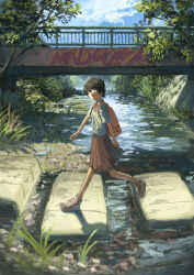Rule 34 | 1girl, absurdres, anko1127, backpack, bag, black eyes, black hair, blue sky, bridge, bright pupils, brown skirt, closed mouth, cloud, cloudy sky, commentary request, day, dress shirt, expressionless, foliage, graffiti, grass, highres, light frown, neck ribbon, original, outdoors, pleated skirt, red ribbon, ribbon, river, scenery, school uniform, shadow, shallow water, shirt, shirt tucked in, shoes, short hair, short sleeves, skirt, sky, sneakers, solo, stepping stones, tree, walking, water, white pupils, wide shot