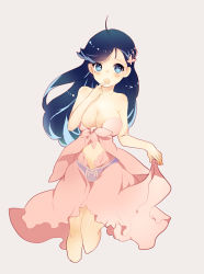 Rule 34 | 1girl, :o, ahoge, bare shoulders, black hair, blue eyes, breasts, butterfly hair ornament, cleavage, clothing cutout, cropped legs, dress, finger to mouth, hair ornament, holding, holding clothes, holding skirt, large breasts, long hair, looking at viewer, lpip, navel cutout, no navel, open mouth, original, pink dress, pink skirt, skirt, skirt hold, solo, strapless, strapless dress