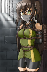 Rule 34 | 1girl, absurdres, arms behind back, bdsm, bike shorts, black shorts, bondage, bound, breasts, brick wall, brown hair, cameltoe, chain, cloth gag, crotch rope, detached sleeves, didnapper, dungeon, female focus, gag, gagged, green eyes, hair ribbon, highres, improvised gag, in cell, legs together, leng yan chi bing, long sleeves, looking at viewer, medium breasts, over the nose gag, ribbon, rope, shorts, solo, suki (didnapper), sweat, sweatdrop, tied to stake, twintails, two side up