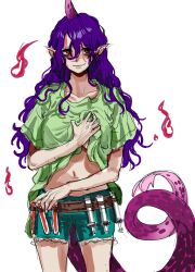 Rule 34 | 1girl, absurdres, closed mouth, collarbone, green shirt, green shorts, highres, horns, korean commentary, kuya (hey36253625), long hair, messy hair, navel, pointy ears, purple hair, purple horns, red eyes, shirt, short sleeves, shorts, simple background, single horn, solo, syringe, tail, tenkajin chiyari, test tube, touhou, unfinished dream of all living ghost, white background