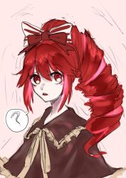 Rule 34 | 10s, 1girl, :&lt;, ?, alternate hairstyle, bad id, bad pixiv id, blush stickers, bow, drill hair, hair bow, highres, long hair, looking at viewer, micha jawkan, open mouth, pink background, red eyes, red hair, saku t, senki zesshou symphogear, sketch, solo, spoken question mark
