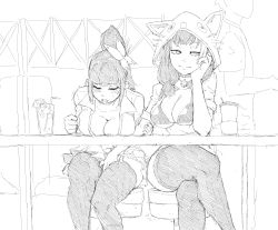 Rule 34 | 1boy, 2girls, absurdres, animal hood, bikini, blush, breast rest, breasts, breasts on table, butterfly hair ornament, choker, cleavage, clenched hand, closed mouth, collarbone, crossed legs, cup, dice, drinking straw, closed eyes, faceless, faceless male, fingering, fingernails, food, fruit, greyscale, hair ornament, half-closed eyes, hand on own face, hatching (texture), highres, hood, hood up, ice, immersed, implied fingering, indoors, lemon, lemon slice, liquid, long hair, minew, monochrome, multiple girls, open mouth, original, ponytail, public indecency, sitting, sketch, skirt, sleeves rolled up, smile, stealth fingering, stool, sweat, swimsuit, table, teeth, thighhighs, upper teeth only, yuri