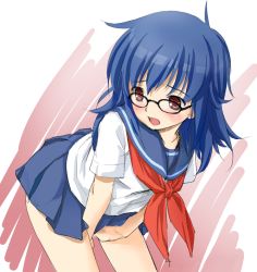 Rule 34 | 1girl, bent over, blue hair, blush, covering privates, covering crotch, glasses, looking back, non-web source, red eyes, school uniform, serafuku, skirt, skirt tug, solo
