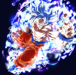 Rule 34 | 1boy, aura, battle damage, clenched hand, closed mouth, dragon ball, dragon ball super, fighting stance, male focus, pants, pectorals, rom (20), solo, son goku, topless male, torn clothes, torn pants, ultra instinct, white hair