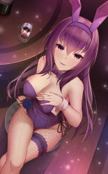 Rule 34 | 1girl, animal ears, breasts, cleavage, cup, detached collar, drinking glass, fake animal ears, fate/grand order, fate (series), fishnet pantyhose, fishnets, from above, hairband, highleg, highres, indoors, large breasts, leotard, long hair, looking at viewer, looking up, official alternate costume, pantyhose, playboy bunny, purple hair, purple hairband, purple leotard, purple neckwear, rabbit ears, red eyes, scathach (fate), scathach (piercing bunny) (fate), shoron, sitting, smile, solo, stool, strapless, strapless leotard, table, very long hair, wooden floor, wrist cuffs