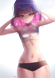 Rule 34 | 1girl, absurdres, arms up, ascot, bare arms, bare shoulders, black panties, blue eyes, breasts, colored inner hair, commentary, cowboy shot, hands up, highres, looking at viewer, medium hair, mmlyno, multicolored hair, navel, original, panties, parted lips, purple hair, simple background, small breasts, solo, standing, stomach, underwear, white background, wide hips