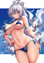 Rule 34 | 1girl, absurdres, bikini, braid, breasts, cleavage, commentary, granblue fantasy, highres, large breasts, long hair, looking at viewer, micro bikini, navel, ponytail, silva (granblue fantasy), silver hair, smile, swimsuit, ulrich (tagaragakuin), yellow eyes