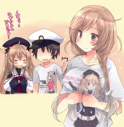 Rule 34 | ^^^, admiral (kancolle), asymmetrical clothes, beret, blonde hair, blush, braid, brown eyes, commentary request, hair between eyes, hair flaps, hair ornament, hair ribbon, hairclip, hat, hirune (konekonelkk), kantai collection, long hair, minegumo (kancolle), murasame (kancolle), murasame kai ni (kancolle), neckerchief, open mouth, peaked cap, red eyes, red neckerchief, ribbon, sailor collar, school uniform, serafuku, shirt, short sleeves, sparkle, swept bangs, t-shirt, thumbs up, translation request, twin braids, twintails, yellow eyes