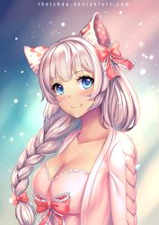 Rule 34 | 1girl, artist name, aurora, blue eyes, blunt bangs, blush, borrowed character, bow, braid, breasts, cleavage, closed mouth, collarbone, dress, eyebrows, hair bow, hair over shoulder, hair ribbon, jacket, large breasts, long hair, long sleeves, looking at viewer, low-tied long hair, multicolored background, open clothes, open jacket, original, pham thai chau, pink dress, pink jacket, polka dot, polka dot bow, red bow, ribbon, silver hair, single braid, smile, snowflakes, solo, upper body, watermark, web address, white bow