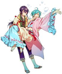 Rule 34 | 2boys, :d, :|, ahoge, aqua hair, bad id, bad pixiv id, barefoot, barefoot sandals (jewelry), blush, bubble, blowing bubbles, carrying, closed mouth, cosplay, crossdressing, earrings, ensemble stars!, frilled kimono, frilled sleeves, frills, hair between eyes, japanese clothes, jewelry, kanzaki souma, kimono, layered clothes, long hair, long sleeves, looking at another, looking at viewer, male focus, multiple boys, no socks, open mouth, otohime, otohime (cosplay), outstretched arm, ponytail, princess carry, purple hair, sandals, sash, seigaiha, shinkai kanata, sidelocks, simple background, smile, sweatdrop, swept bangs, tubuan oisii, urashima tarou, urashima tarou (cosplay), white background, wide sleeves, yellow eyes