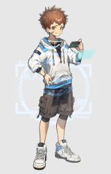 Rule 34 | bandaid, bandaid on face, bare legs, brown background, brown eyes, brown hair, controller, game controller, gamepad, goggles, goggles around neck, hands on own hips, holding, jacket, long sleeves, looking at viewer, male focus, original, pouch, shoes, short hair, shorts, simple background, sneakers, sora (zwz030)
