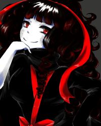 Rule 34 | 1girl, azami (kagerou project), bad id, bad pixiv id, black hair, blunt bangs, bow, curly hair, eyelashes, grey background, hair ribbon, hand on own hip, head rest, highres, kagerou project, long hair, long ribbon, looking at viewer, pale skin, red bow, red eyes, red ribbon, ribbon, signature, simple background, smile, solo, turtleneck, user xujd7345, very long hair, wavy hair