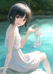 Rule 34 | 1girl, :d, antenna hair, black hair, blue eyes, blush, commentary request, day, dress, from side, high heels, highres, holding, holding clothes, holding footwear, idolmaster, idolmaster (classic), kikuchi makoto, lake, looking at viewer, looking to the side, nekopuchi, open mouth, outdoors, shoes, unworn shoes, short hair, sidelocks, sleeveless, sleeveless dress, smile, soaking feet, solo, sundress, water, white dress, white footwear