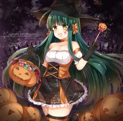 Rule 34 | 1girl, :d, bad id, bad pixiv id, bag, bare shoulders, black gloves, black hat, black skirt, blunt bangs, blush, breasts, candy, cleavage, collarbone, corset, cowboy shot, elbow gloves, facepaint, fence, food, frilled skirt, frills, gloves, green hair, halloween costume, happy birthday, hat, heart, holding, holding bag, holding wand, jack-o&#039;-lantern, light particles, long hair, looking at viewer, medium breasts, off shoulder, open mouth, pumpkin bag, shikino (sikinonono), skirt, smile, spider web print, standing, tareme, thighhighs, touhoku zunko, very long hair, voiceroid, wand, witch, yellow eyes, zettai ryouiki