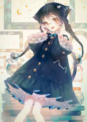 Rule 34 | 1girl, :d, animal ears, bespectacled, black dress, black hair, blush, bow, braid, cat ears, cat tail, dress, glasses, highres, kyachi, looking at viewer, open mouth, original, ribbon, short hair, smile, solo, tail, twin braids