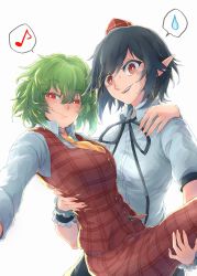 Rule 34 | 2girls, arm around back, ascot, belt, between breasts, black hair, black neckwear, breasts, bright background, bright pupils, carrying, closed mouth, collared shirt, eighth note, eyebrows, female focus, green hair, hair between eyes, half-closed eyes, hand on another&#039;s back, hand on another&#039;s shoulder, hat, highres, kazami yuuka, long sleeves, looking at viewer, medium hair, multiple girls, musical note, necktie, necktie between breasts, open mouth, orange neckwear, pants, plaid, plaid pants, plaid vest, pointy ears, princess carry, red eyes, red pants, red vest, retora, shameimaru aya, shirt, short sleeves, smile, spoken musical note, spoken sweatdrop, sweat, sweatdrop, tokin hat, touhou, upper body, v-shaped eyebrows, vest, white pupils, white shirt, wristband, yuri