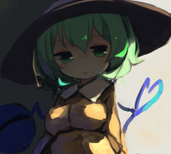 Rule 34 | 1girl, black hat, breasts, chii (tsumami tsumamare), closed mouth, commentary, green eyes, green hair, hat, heart, heart of string, highres, komeiji koishi, long sleeves, looking at viewer, shade, short hair, solo, third eye, touhou, upper body