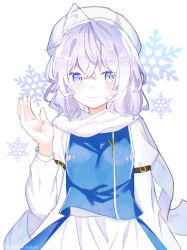 Rule 34 | 1girl, absurdres, apron, blue eyes, blue vest, closed mouth, highres, juliet sleeves, letty whiterock, light purple hair, long sleeves, looking at viewer, nyanaya, polearm, puffy sleeves, scarf, short hair, smile, snowflakes, solo, touhou, trident, twitter username, upper body, vest, weapon, white apron, white background, white headwear, white scarf