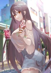 Rule 34 | 1girl, ass, bare shoulders, breasts, brown hair, bubble tea, closed mouth, cowboy shot, cutoffs, dated, denim, denim shorts, food, from side, hair between eyes, high-waist shorts, highres, ice cream, indie virtual youtuber, large breasts, long hair, looking at viewer, loose clothes, loose shirt, orange eyes, rushian, shirt, shirt tucked in, short shorts, shorts, sidelocks, smile, solo, tented shirt, very long hair, virtual youtuber, wide sleeves