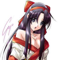 Rule 34 | 1girl, bare shoulders, black hair, blue eyes, bow, breasts, cleavage, hair bow, hairband, large breasts, lowres, nakoruru, off shoulder, red bow, samurai spirits, signature, solo, soyosoyo, traditional clothes