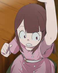 Rule 34 | 1girl, :d, arm up, armpits, arms up, belt, blunt bangs, brown eyes, brown hair, clenched teeth, closed mouth, dress, from above, haruyama kazunori, kagari atsuko, little witch academia, long hair, open mouth, pink dress, sitting, smile, solo, teeth