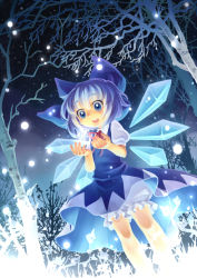 Rule 34 | 1girl, akane (xichris), bloomers, blue eyes, blue hair, child, cirno, dress, hair ribbon, matching hair/eyes, open mouth, perfect cherry blossom, ribbon, snow, snowflakes, solo, touhou, underwear, wings