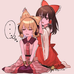 Rule 34 | ..., 2girls, = =, adjusting another&#039;s hair, bare shoulders, barefoot, beige blouse, belt, blonde hair, blouse, bow, bracelet, brown hair, commentary request, detached sleeves, earmuffs, frilled bow, frills, frustrated, hair bow, hair tubes, hakurei reimu, hands on lap, hekiyama yurika, indian style, jewelry, kneeling, long hair, multiple girls, parted lips, pink background, pointy hair, red bow, red skirt, red vest, ribbon, sheath, sheathed, shirt, simple background, sitting, skirt, sleeveless, sleeveless shirt, spoken ellipsis, sword, thought bubble, touhou, toyosatomimi no miko, v arms, vest, weapon, wide sleeves
