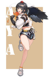 Rule 34 | 1girl, :d, absurdres, alternate costume, alucard pie, arm cutout, bead bracelet, beads, belt, belt pouch, black gloves, black hair, black shorts, black sleeves, black wings, bracelet, brown background, character name, clothes writing, commentary request, contemporary, crossed arms, ear piercing, feathered wings, fingerless gloves, full body, gloves, hand fan, hat, hauchiwa, highres, holding, holding fan, jewelry, layered shirt, legs, looking at viewer, medium hair, midriff, navel, open mouth, orange socks, pen, piercing, pom pom (clothes), pouch, red hat, see-through, shameimaru aya, shirt, shoes, shorts, simple background, smile, sneakers, socks, solo, standing, standing on one leg, tassel, teeth, tokin hat, touhou, upper teeth only, white footwear, white shirt, wide sleeves, wings, yellow eyes