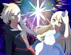 Rule 34 | 1boy, 1girl, :o, arm up, blonde hair, braid, brother and sister, collared dress, creatures (company), dress, fanny pack, game freak, gladion (pokemon), glowing, green eyes, highres, kamicho musharu, lillie (pokemon), long hair, mixed-language commentary, nintendo, parted lips, pokemon, pokemon sm, red bag, shirt, short hair, siblings, sleeveless, sleeveless dress, tassel, twin braids, twitter username, vest, white dress