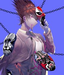 Rule 34 | 1boy, blood, blood from mouth, blue background, brown hair, chain print, collared shirt, commentary request, danganronpa (series), danganronpa v3: killing harmony, dress shirt, from side, hair over one eye, hand up, highres, holding, holding mask, jacket, long sleeves, looking at viewer, male focus, mask, unworn mask, momota kaito, open clothes, pink blood, pink eyes, qianhai, shirt, simple background, solo, spiked hair, toned, upper body, white shirt