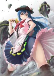 Rule 34 | 1girl, :&lt;, blue hair, brown thighhighs, dress, food, frown, fruit, hand on own hip, hat, hinanawi tenshi, layered dress, long hair, looking down, peach, pout, puffy sleeves, red eyes, ribbon, rock, rope, shimenawa, short sleeves, solo, supuraito, sword of hisou, thighhighs, touhou, tsurime, upskirt