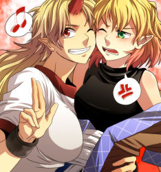 Rule 34 | 2girls, bad id, bad pixiv id, blonde hair, breasts, female focus, green eyes, grin, horns, hoshiguma yuugi, large breasts, long hair, mizuhashi parsee, multiple girls, musical note, one eye closed, open clothes, pointy ears, red eyes, rex k, short hair, single horn, sleeveless, smile, touhou, wink