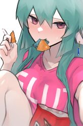 Rule 34 | 1girl, absurdres, blouse, blush, clothes writing, condom, condom in mouth, condom wrapper, crumbs, daiishori, doritos, earrings, finana ryugu, fins, fish girl, food, food in mouth, green hair, head fins, highres, holding, holding food, jewelry, long hair, looking at viewer, mouth hold, nijisanji, nijisanji en, pink shirt, purple eyes, shirt, simple background, solo, virtual youtuber, white background