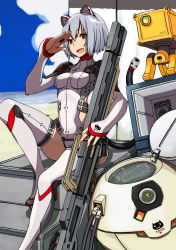 Rule 34 | 1girl, animal ears, beach, blue hair, bodysuit, boots, breasts, covered erect nipples, fang, gun, highres, joy (joy-max), leg up, looking at viewer, medium breasts, original, red eyes, rifle, robot, robot ears, short hair, sitting, smile, sniper rifle, solo, tail, thigh boots, thighhighs, weapon