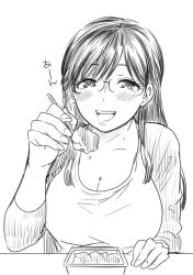 Rule 34 | 1girl, :d, blush, breasts, cardigan, cleavage, commentary request, dot nose, feeding, fingernails, food, glasses, greyscale, hand on table, holding, holding spoon, incoming food, large breasts, long hair, monochrome, nikaidou kou, open cardigan, open clothes, open mouth, original, pov feeding, shirt, simple background, sitting, sketch, smile, solo, spoon, white background