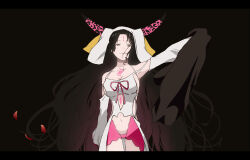 Rule 34 | 1girl, arm at side, arm up, black background, black dress, black hair, black horns, breasts, chest tattoo, cleavage, closed mouth, cowboy shot, cutout above navel, derivative work, detached sleeves, dress, fate/extra, fate/extra ccc, fate/grand order, fate (series), forehead tattoo, highres, hiiragi (karashriker), holding, holding clothes, holding dress, horns, kakegurui, large breasts, letterboxed, light smile, long hair, long horns, long sleeves, looking at viewer, multicolored horns, navel, panties, parted bangs, petals, pink horns, pink panties, pink ribbon, ribbon, sessyoin kiara, sideboob, simple background, smile, solo, stomach tattoo, tattoo, two-tone horns, underwear, unworn dress, very long hair, white dress, white sleeves, white veil, yellow eyes