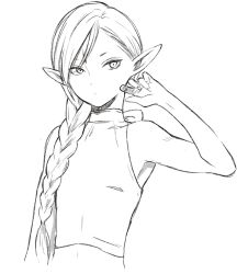 Rule 34 | 1boy, androgynous, bare arms, bare shoulders, braid, braided ponytail, braided ponytail lamia (dungeon meshi), commentary request, dungeon meshi, facial mark, forehead mark, greyscale, hair over shoulder, hand up, highres, long hair, looking at viewer, male focus, midriff, monochrome, pointy ears, sami (3a3i3a3i), single braid, sleeveless, solo, trap